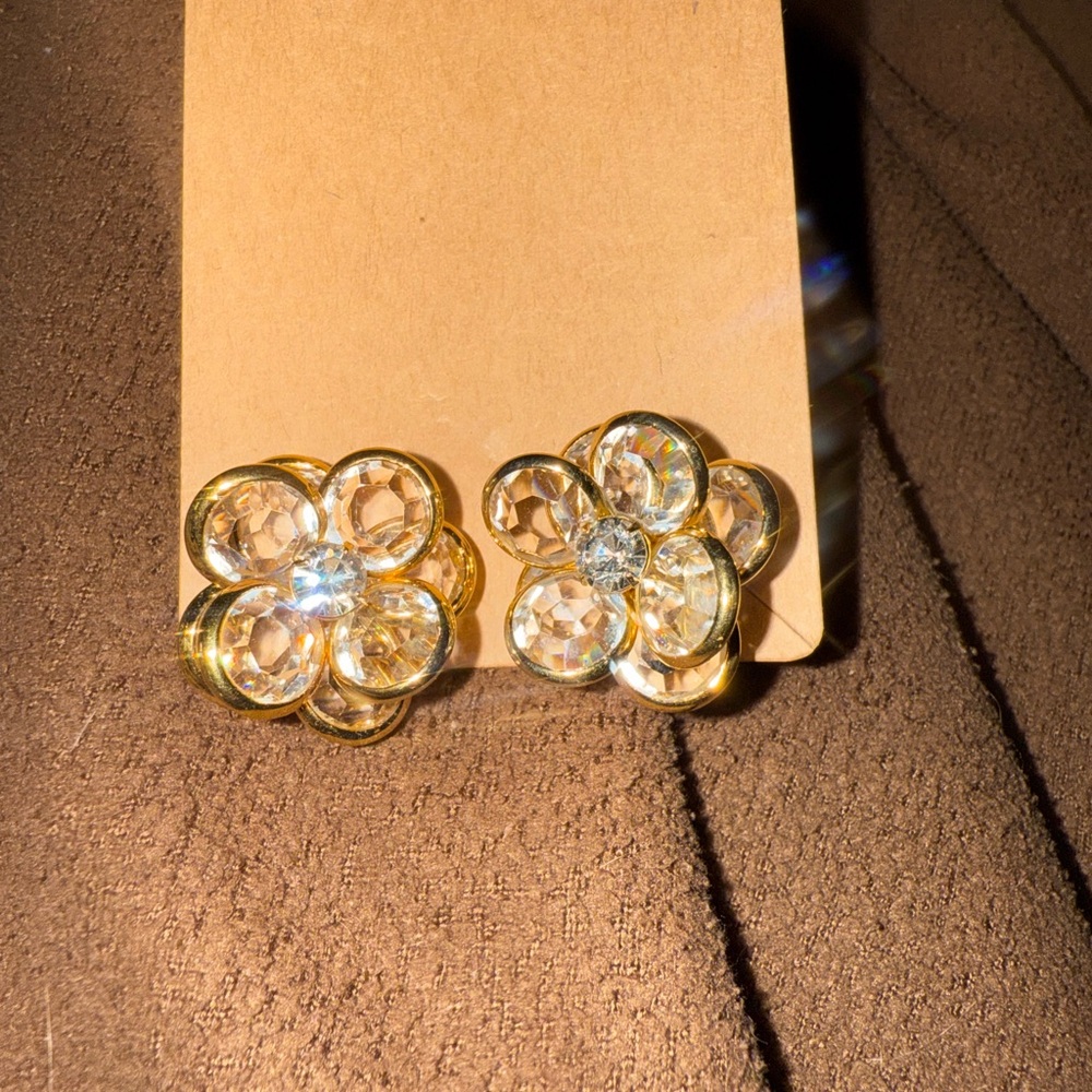 Genuine Swan-Tagged Swarovski Gold Crystal Flower Clip Earrings